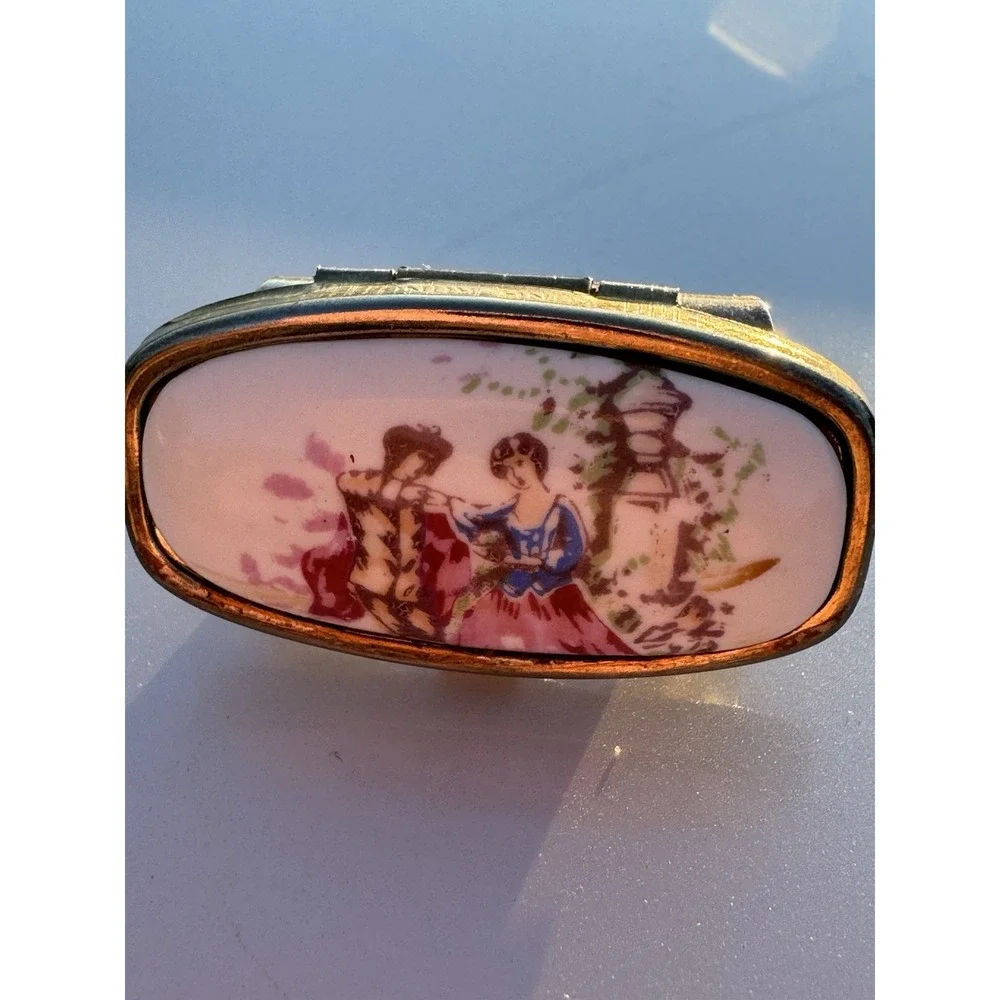 Vintage Lipstick Holder Victorian Theme Porcelain  Metal with Mirror